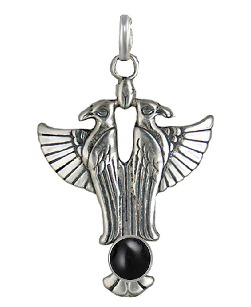 Sterling Silver Sacred Egyptian Falcon Pendant With Black Onyx